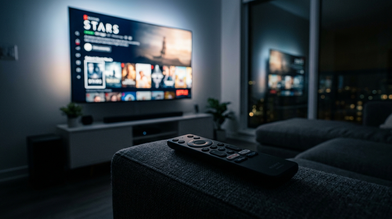 TV remote resting on a dark sofa arm with a blurred streaming interface visible on the TV behind it