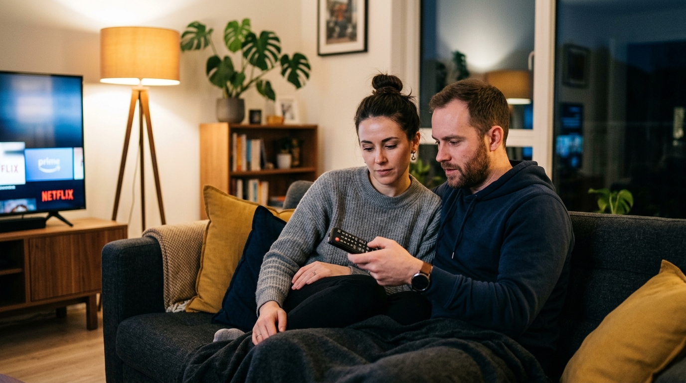 Two people on a couch trying to decide what to watch together