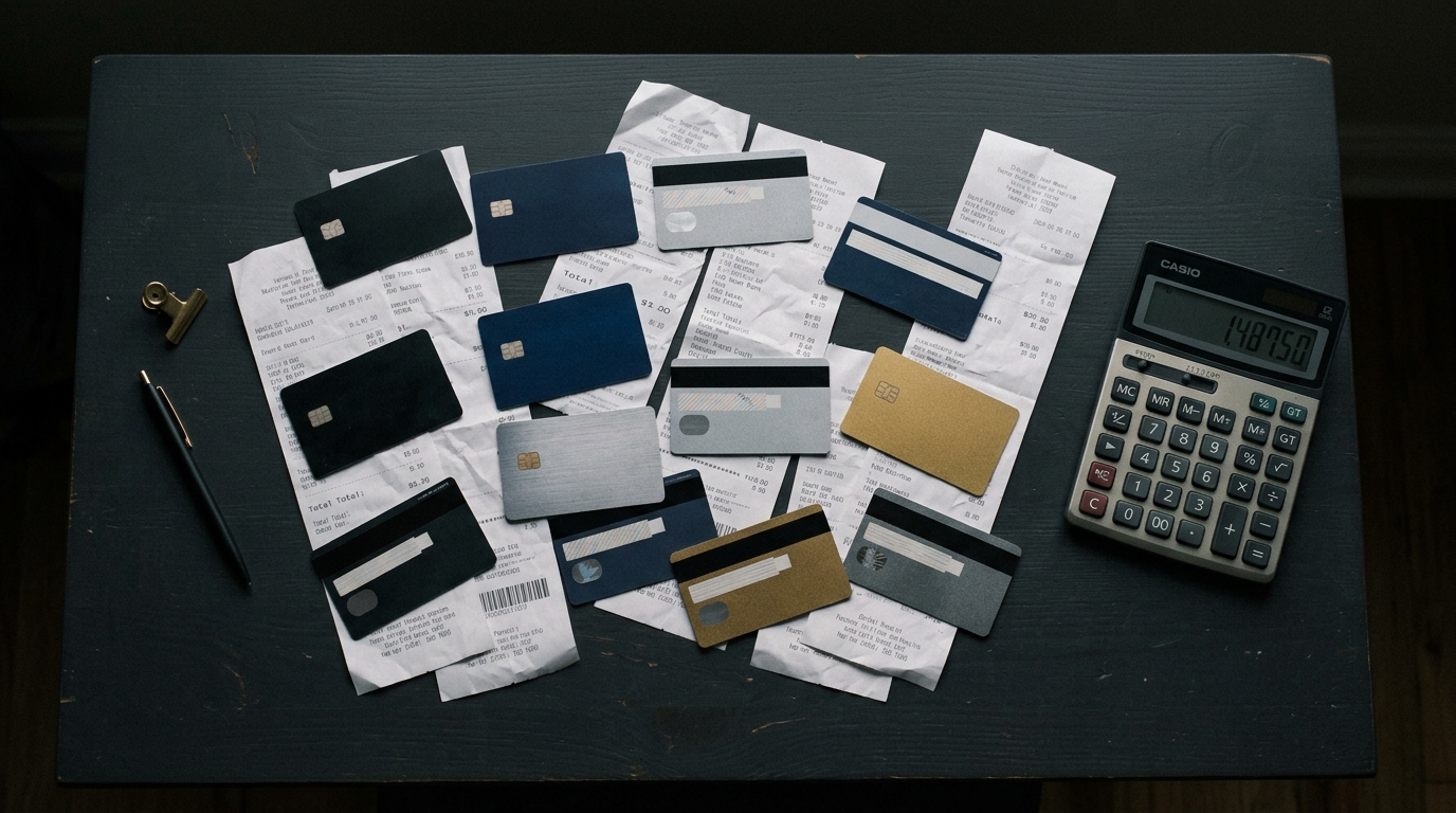 Spread of credit cards and subscription receipts on a dark desk with a calculator