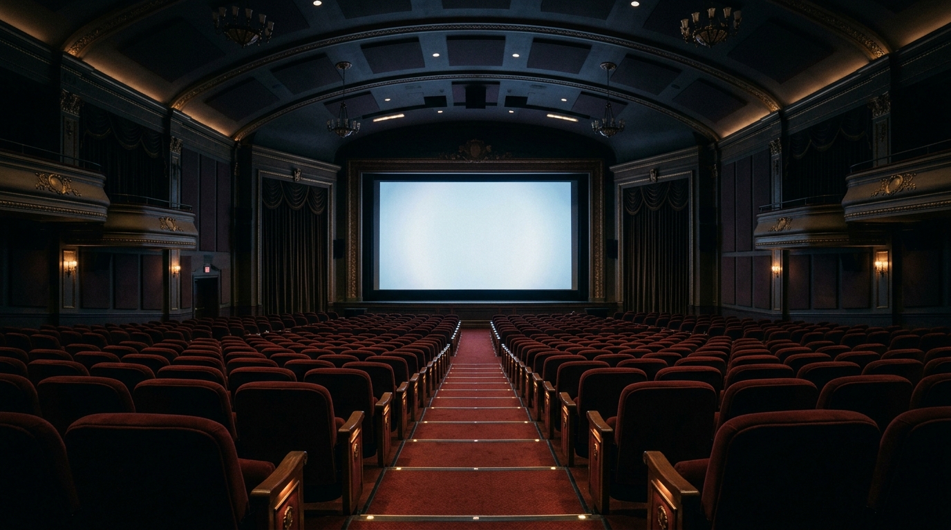 Empty luxury cinema theater with rows of red velvet seats and a large softly glowing screen at the front