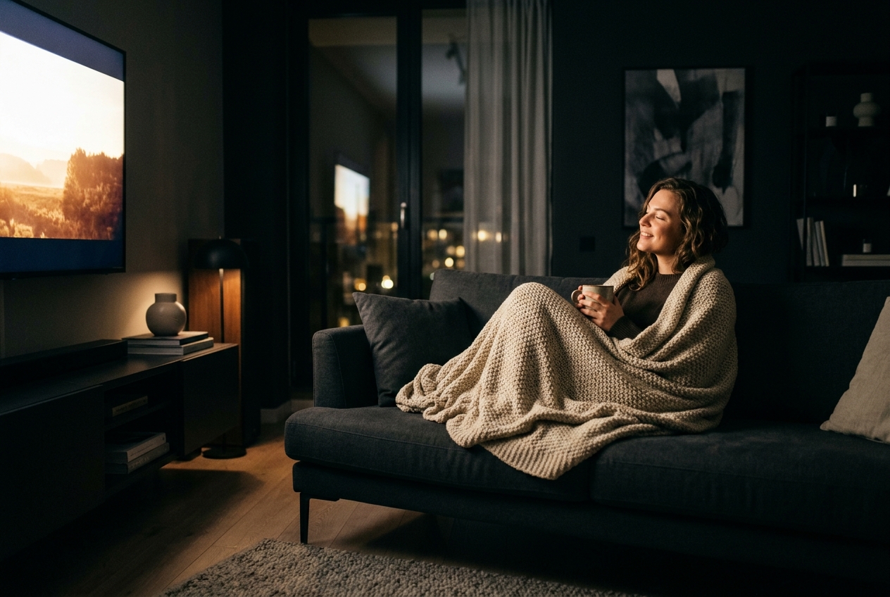 Person wrapped in a blanket watching a comfort movie on a sofa in soft TV glow