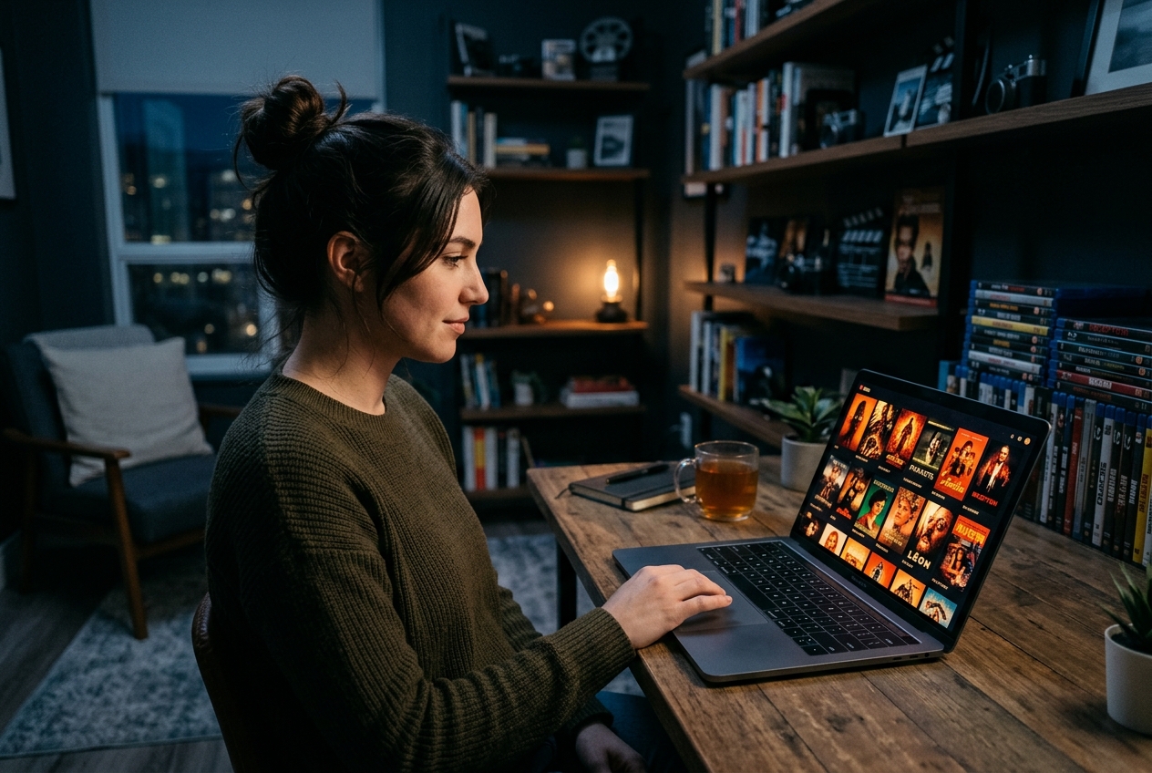 Person browsing a film catalog on a laptop surrounded by books in a dark room