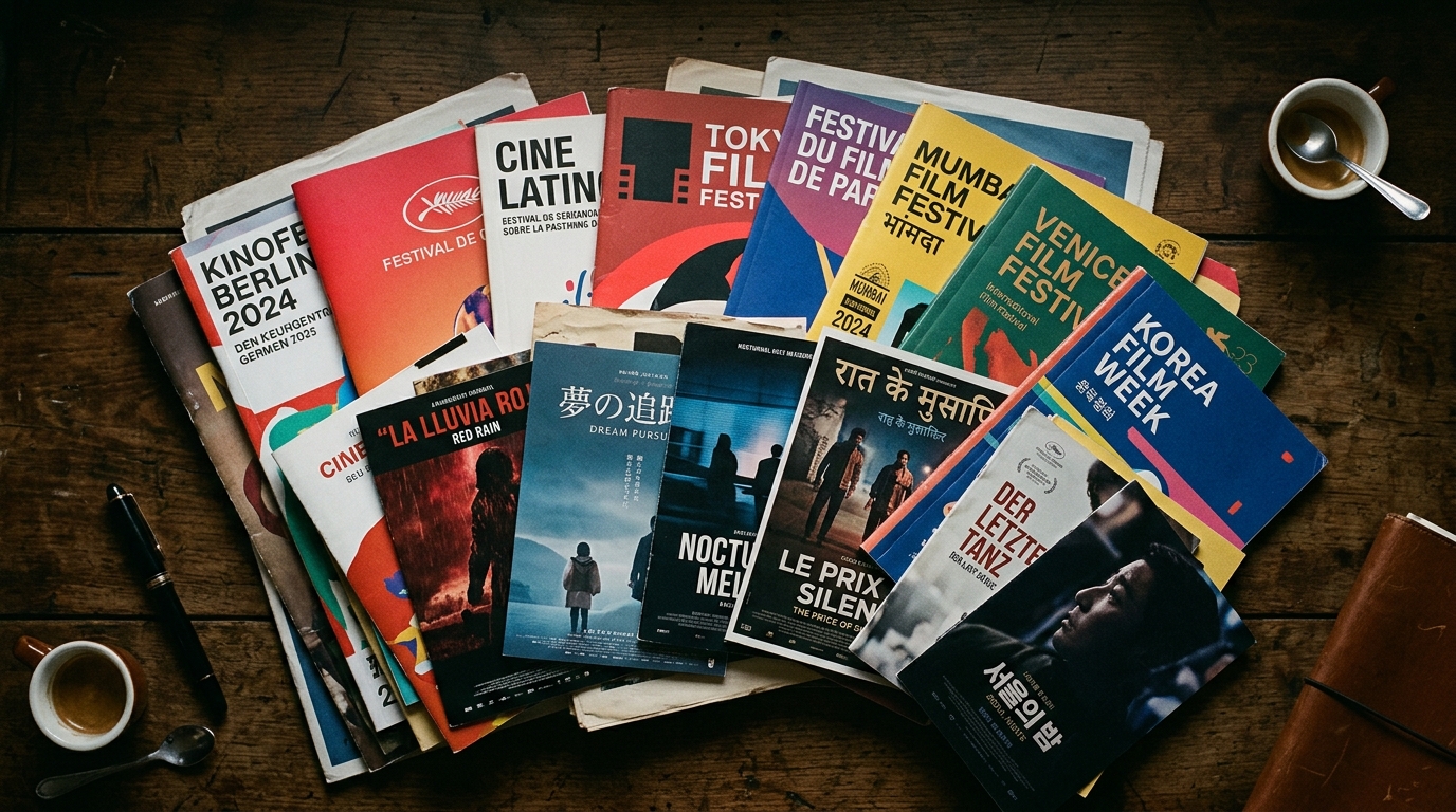 Colorful international film festival programs and foreign language movie posters fanned out on a dark desk surface