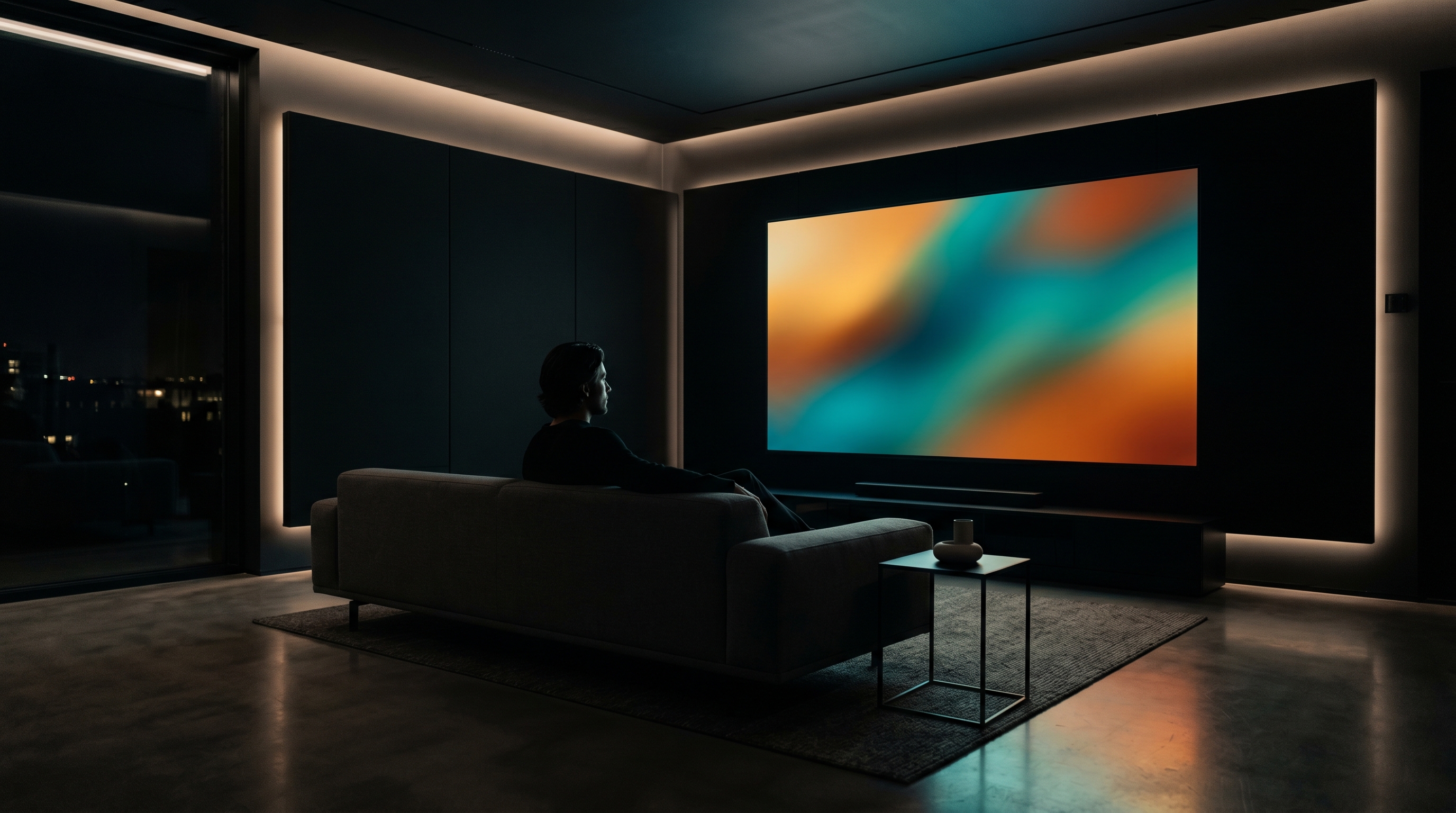 A silhouetted viewer on a low-profile sofa in a modern home cinema, with a large wall-mounted screen glowing in warm amber and teal light