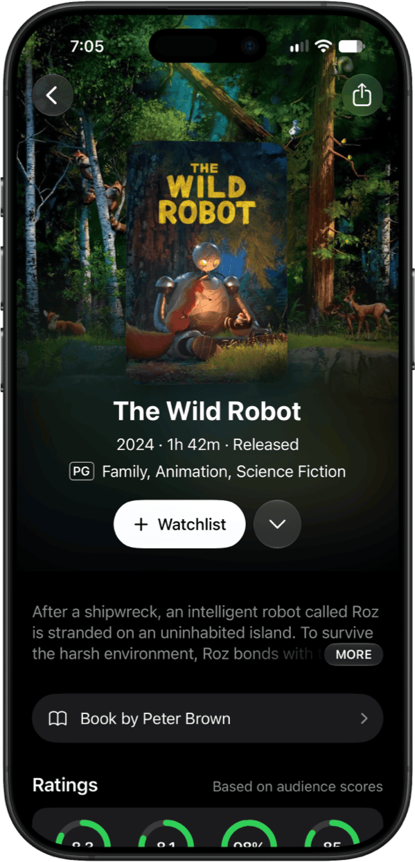 Limelight detail page for The Wild Robot with ratings, a Watchlist button, and the book it is based on