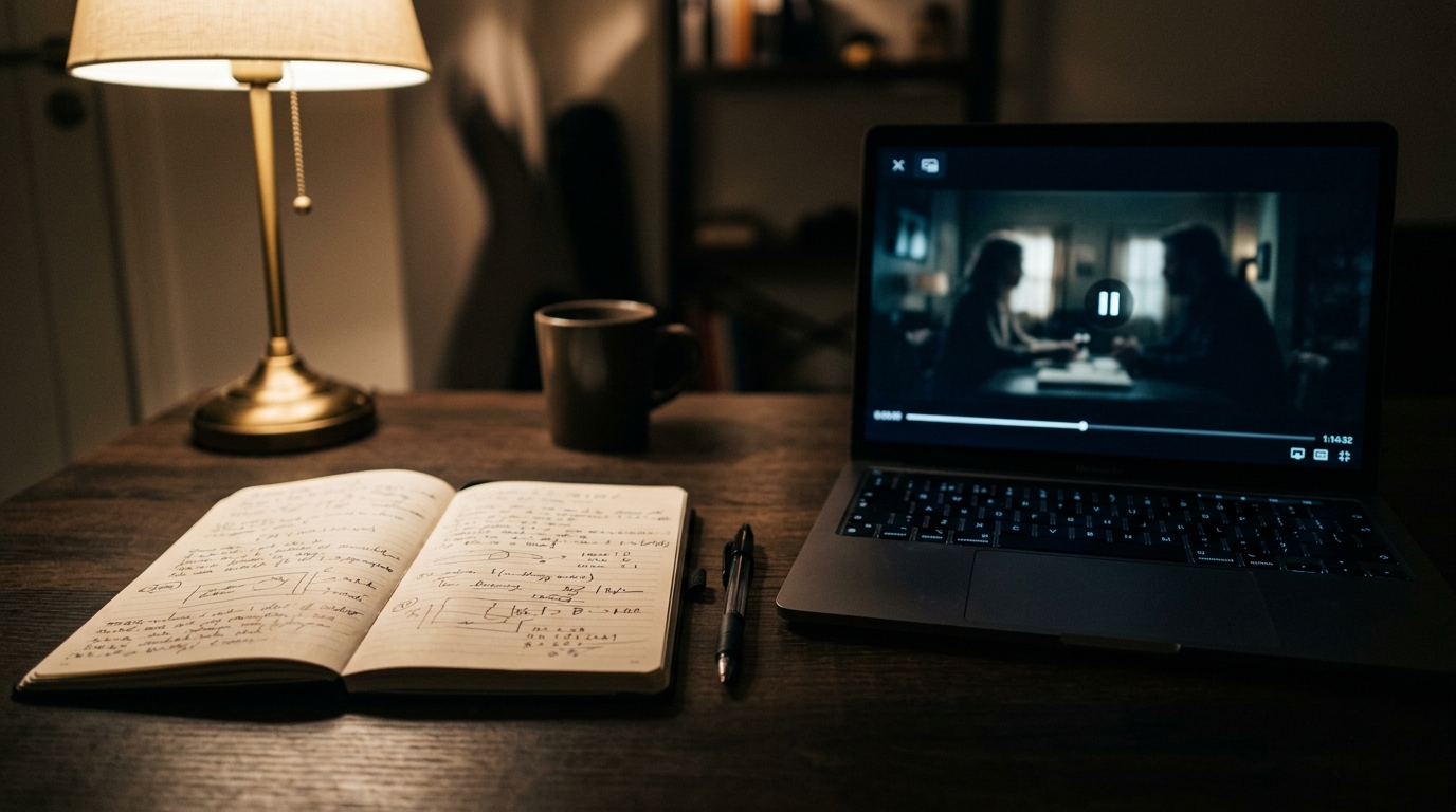 Open notebook next to a laptop screen showing a film with handwritten notes visible