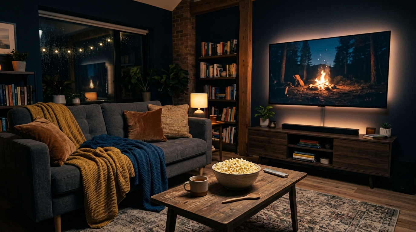Cozy darkened living room with TV screen glowing warm light, sofa with throw blanket and popcorn bowl on coffee table
