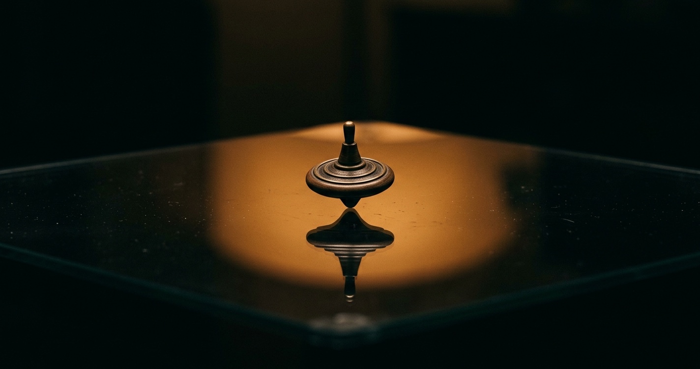 A single spinning top resting on a dark reflective glass surface, lit by a warm amber light pool in a dimly lit room