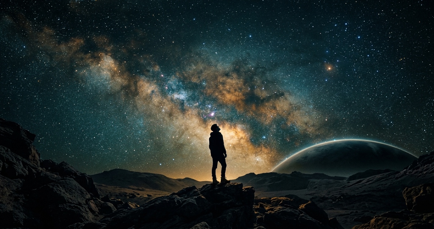 A lone silhouetted figure standing on a vast dark landscape, looking up at a glowing cosmic nebula in deep teal and amber hues