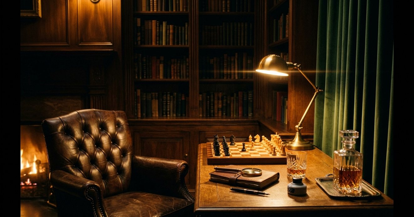 A wood-panelled study at night with a leather armchair, a chessboard, a magnifying glass and a decanter, lit by a warm desk lamp