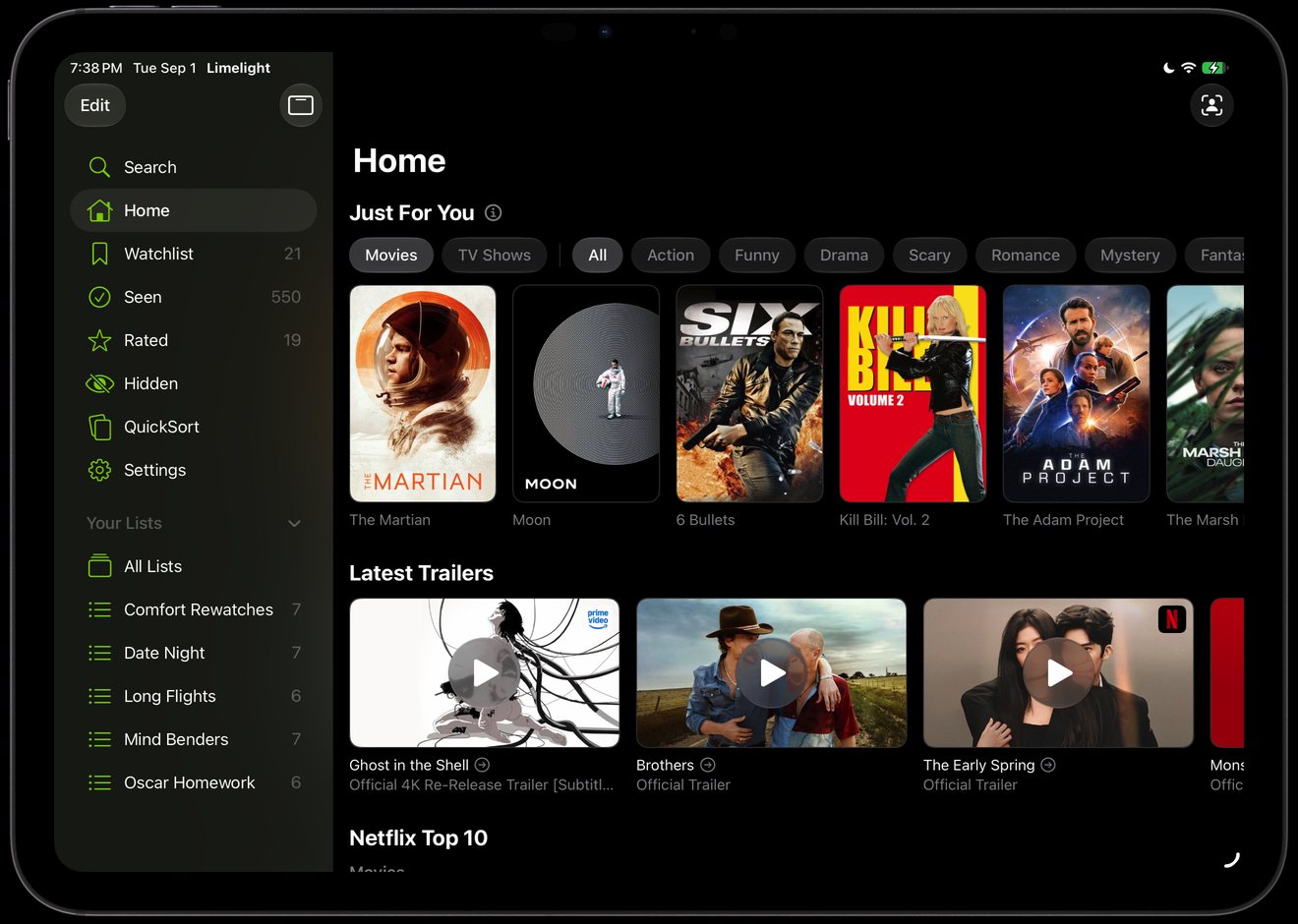 Limelight Home on iPad with a sidebar, Just For You picks, latest trailers, and the Netflix Top 10