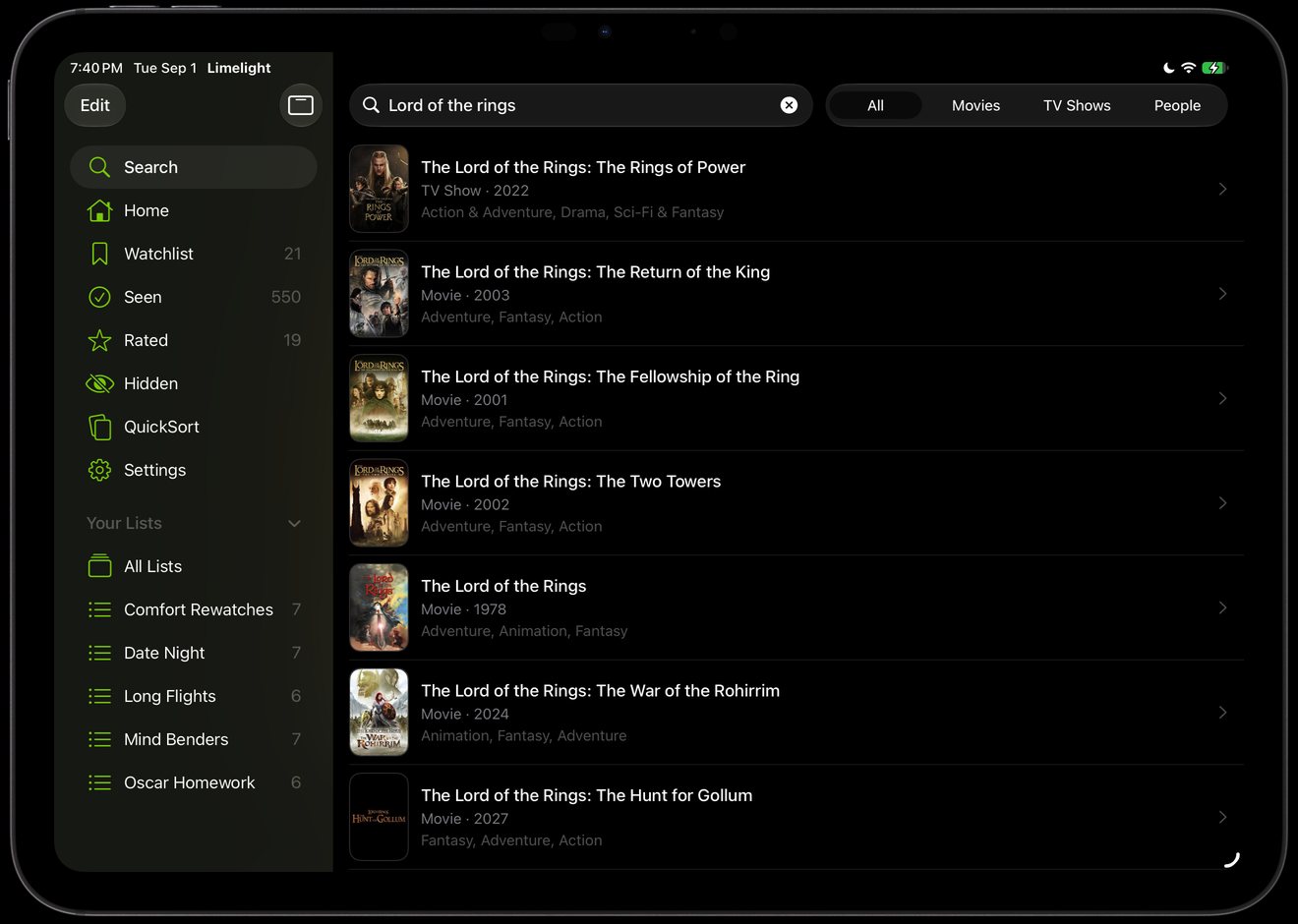 Searching The Lord of the Rings on Limelight for iPad with results in a list