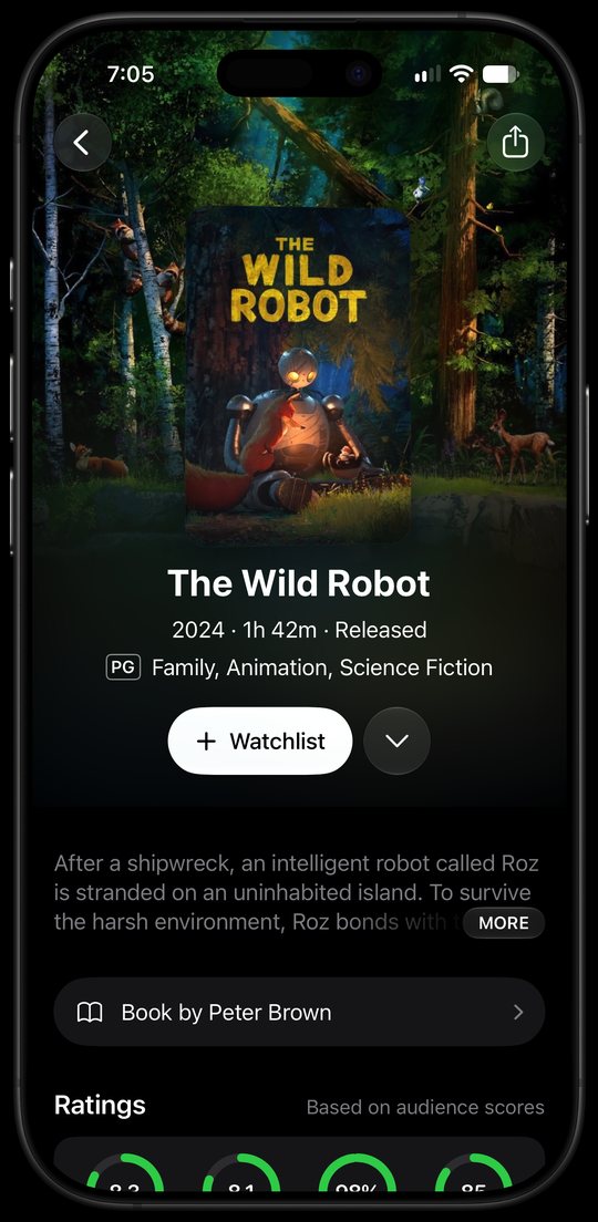 The Wild Robot on Limelight for iPhone with ratings from four sources and a Watchlist button