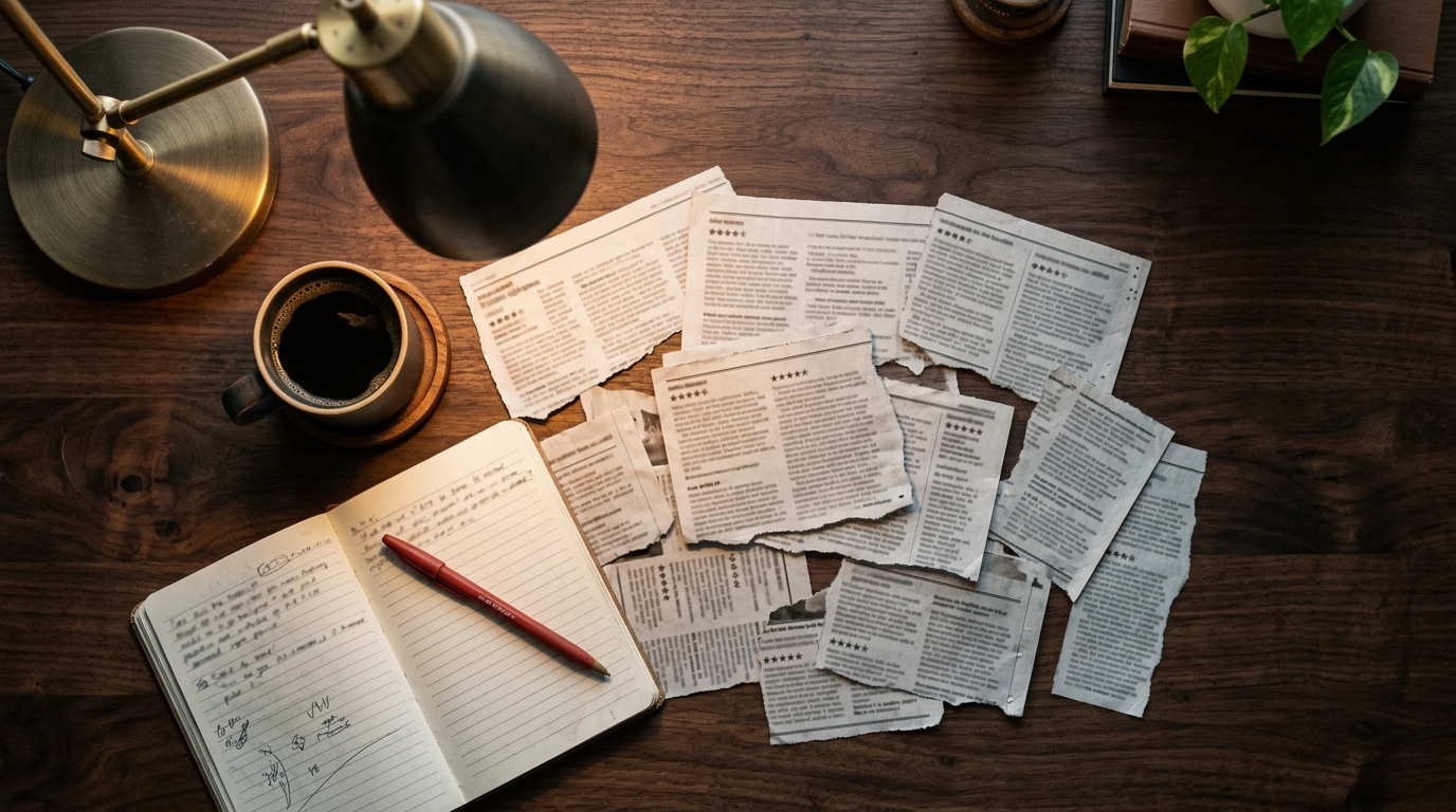 Torn newspaper movie review clippings scattered on a dark wood desk with a warm desk lamp, coffee, and a notebook