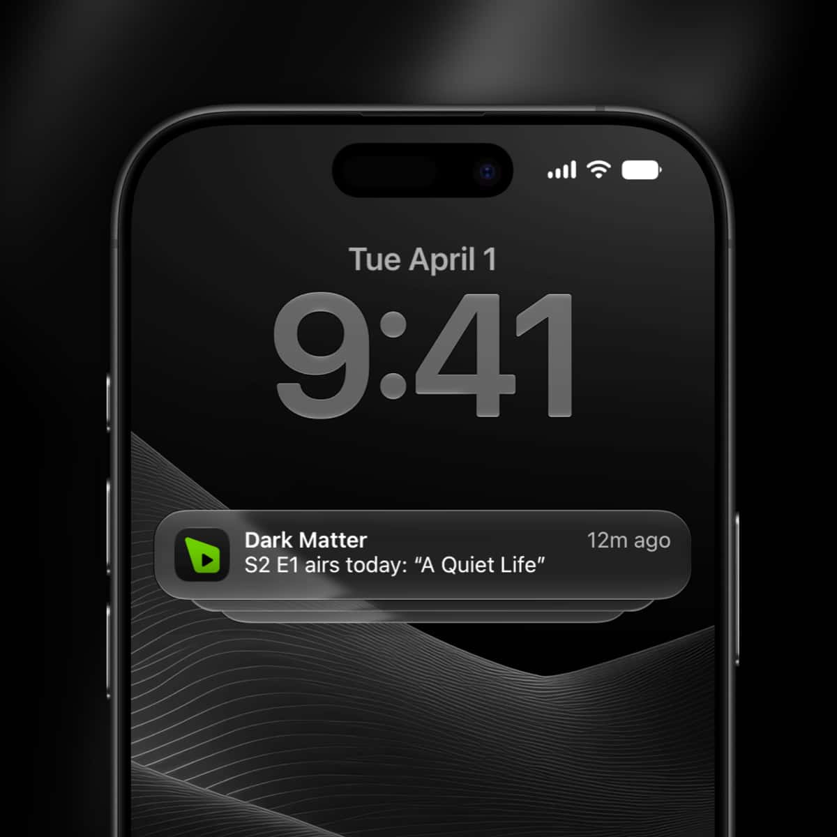 iPhone lock screen with a Limelight notification that a new episode of Dark Matter airs today