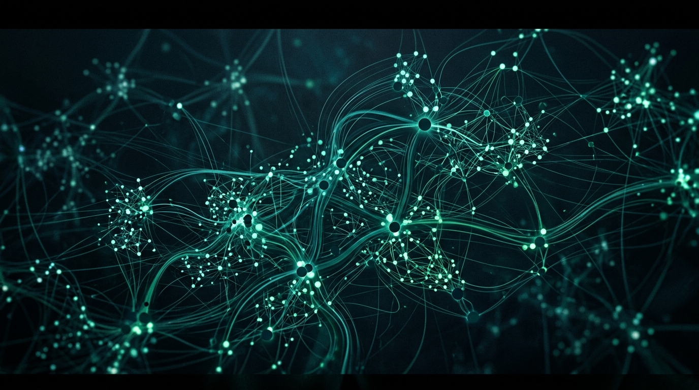 Abstract glowing network of interconnected nodes representing a digital recommendation algorithm, teal tones on dark background