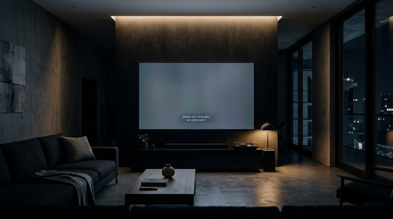 Dark minimalist living room with a large TV screen showing a blank unavailable signal, moody atmospheric lighting