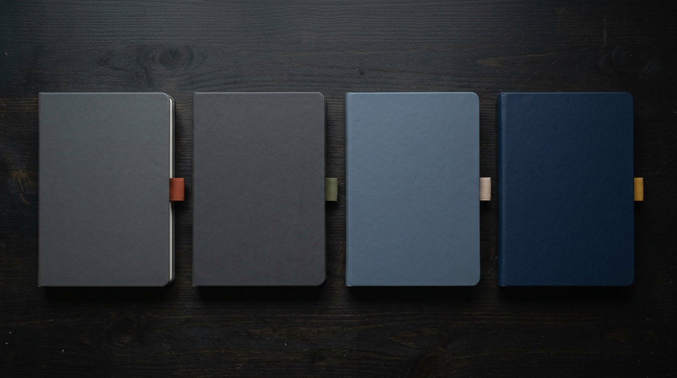 Four labeled notebooks stacked on a dark desk, each representing a different watchlist category, lit by warm overhead light