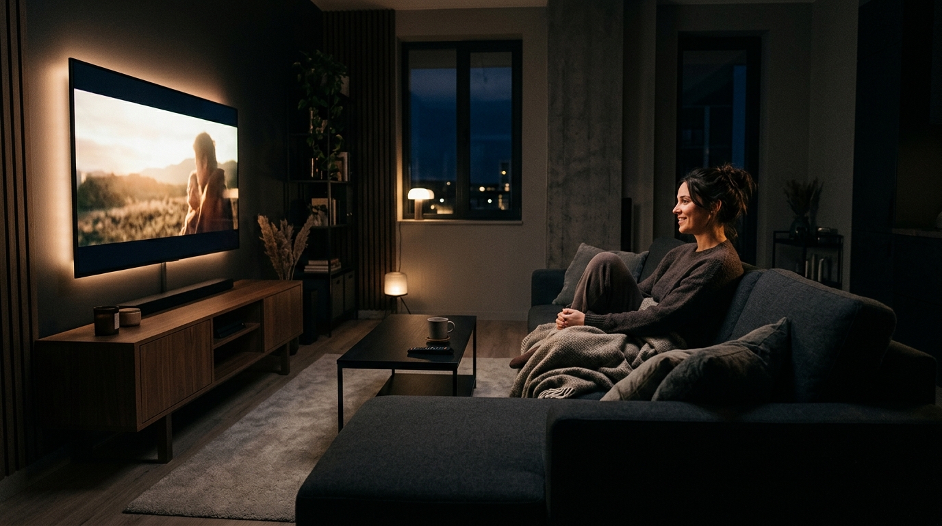 A person relaxing on a dark couch watching a film, the TV glow softly illuminating the room, a glass of water on the side table