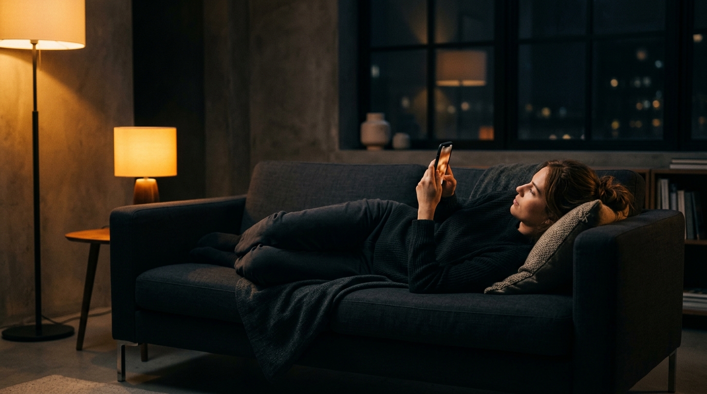 A person in a dark living room scrolling through a phone with a long movie list visible on screen, warm lamp light in the background