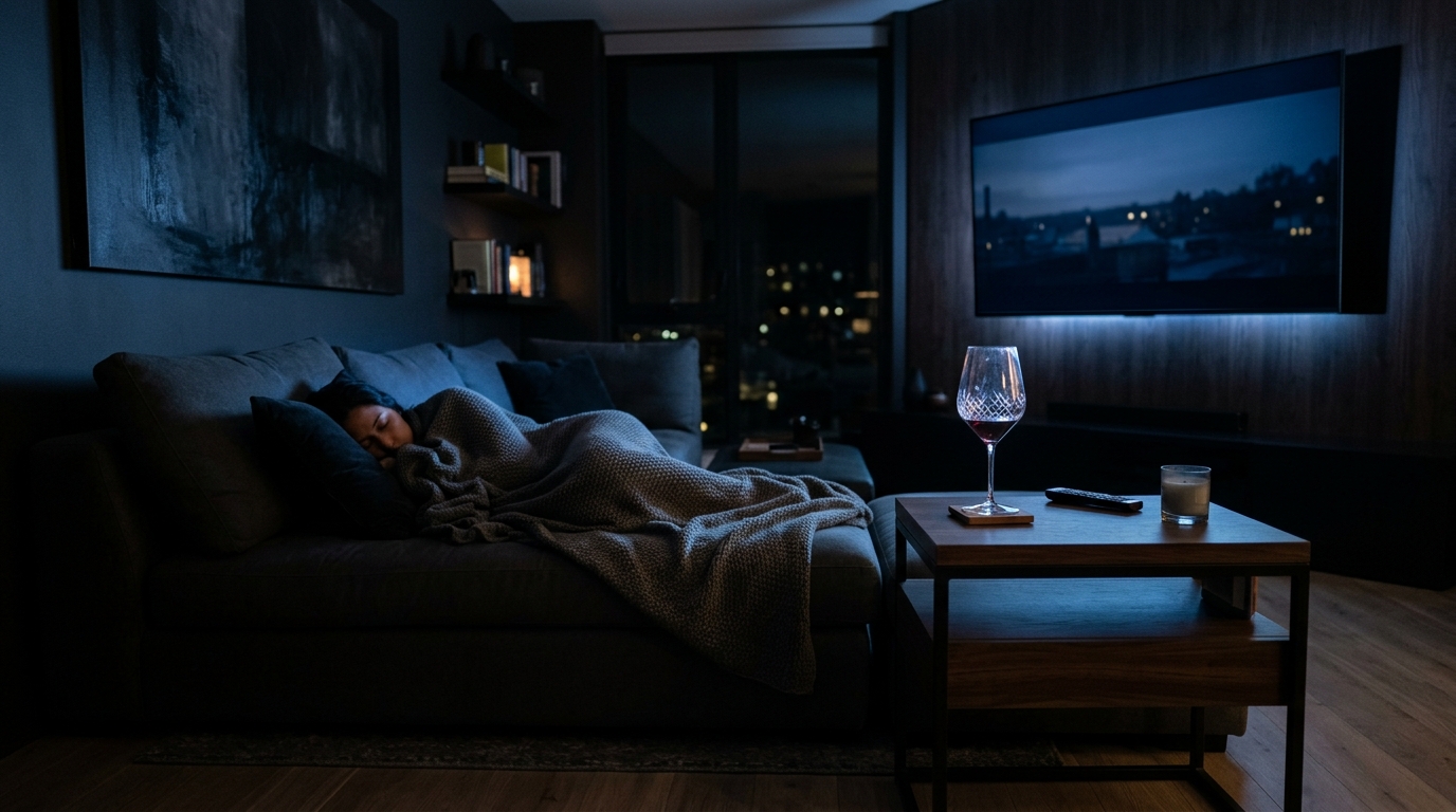 Soft TV glow in a dark living room with a person barely visible on a couch, an almost-finished glass of wine on the coffee table