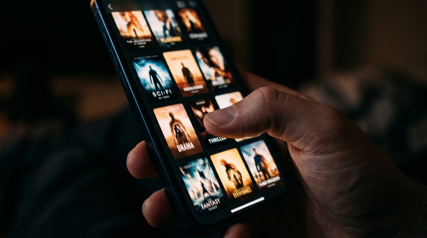 A phone screen showing a curated list of films in a dark room, a person's thumb scrolling through options