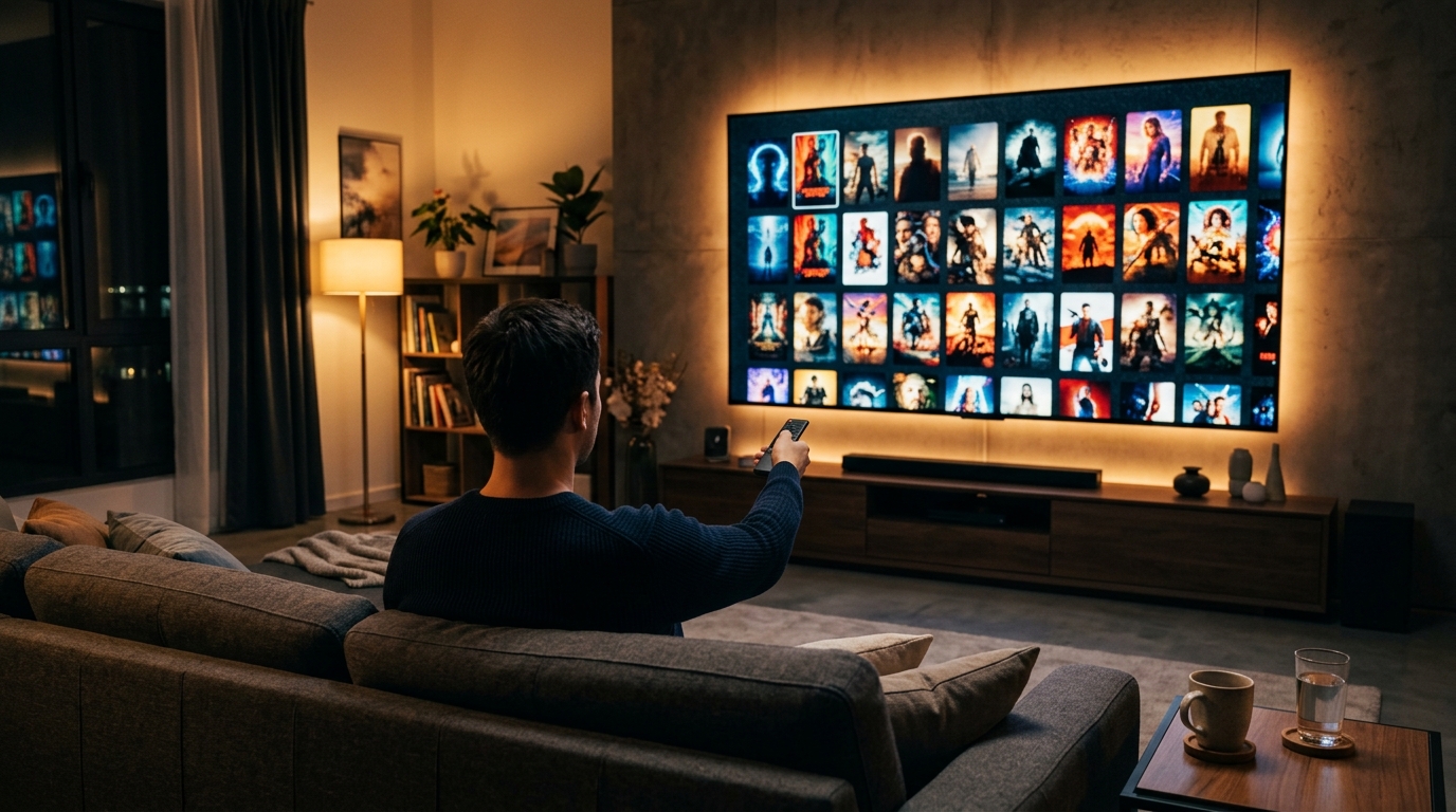A person on a sofa pointing a remote at a large TV displaying a wall of movie posters in a dimly lit living room