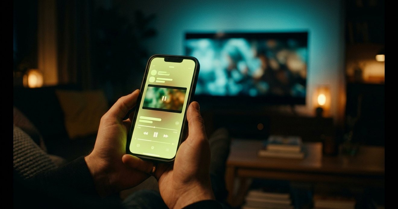 A hand holding a phone with a glowing green interface showing a paused video, pointed toward a TV in a dark living room